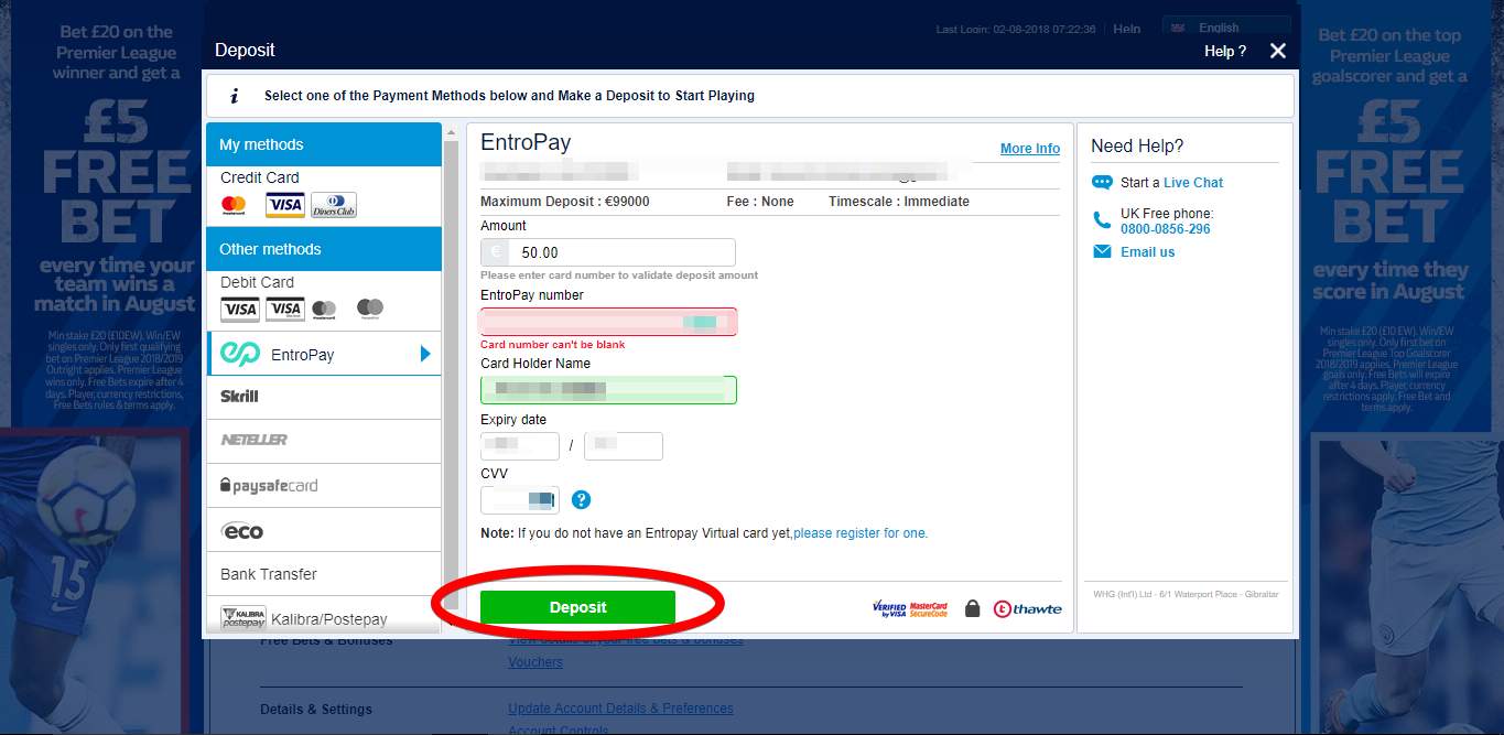 William Hill screenshot displaying how to confirm Entropay betting deposit